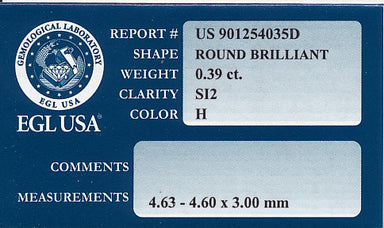 0.39 Carat H Color Diamond SI2 Clarity with EGL USA Certificate | Good Cut - alternate view