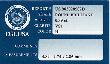0.39 Carat H Color Diamond VS1 Clarity | EGL USA Certified | Good Cut & Symmetry - alternate view