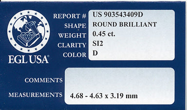 0.45 Carat Loose Round Brilliant Diamond | D Color SI2 Clarity | EGL USA Certificate - alternate view