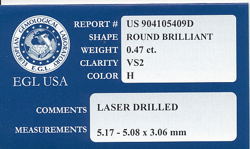 0.47 Carat H Color VS2 Clarity Round Very Good Polish | Affordable Loose Diamond | Laser Enhanced | EGL Certificate - Item: D574 - Image: 2