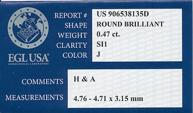 0.47 J Color SI1 Clarity Loose Round Brilliant Cut Diamond | Excellent Cut With Hearts and Arrows | EGL USA Certificate - alternate view
