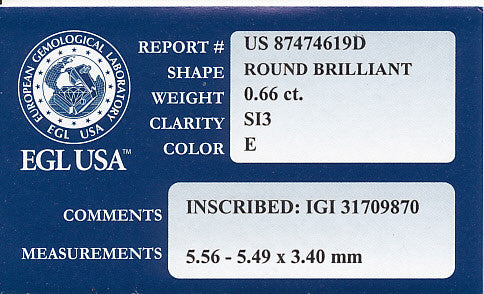 Natural 0.66 Carat Loose E Color SI3 Clarity Round Brilliant Cut Diamond | EGL USA Certified Very Good Symmetry - Item: D152 - Image: 2