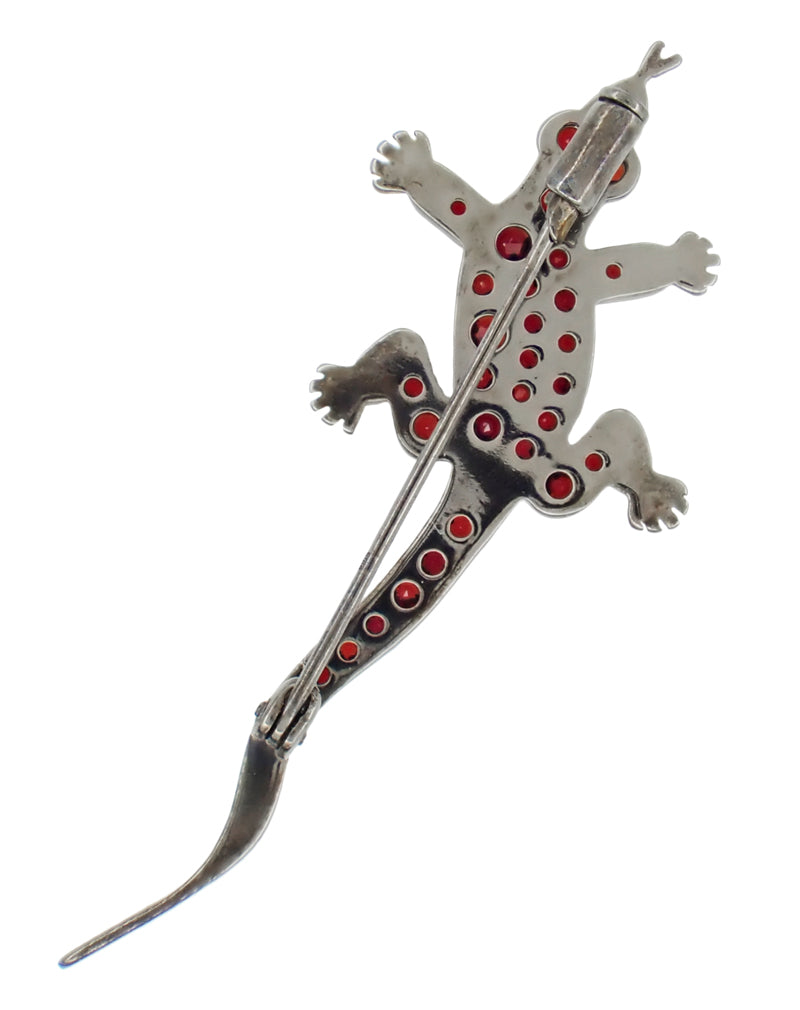 Back of Vintage Red Garnet Lizard Brooch Pin with Czech Bohemian Garnets - Antique Dark Finish Sterling Silver - ABR159