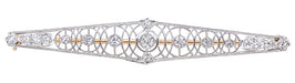 Art Deco Concentric Circles Antique Filigree Old Mine Cut Diamond Bar Brooch in Platinum