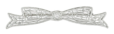 Antique 1920's Art Deco Old European Cut Diamond Engraved Filigree Bow Brooch in 14 Karat White Gold