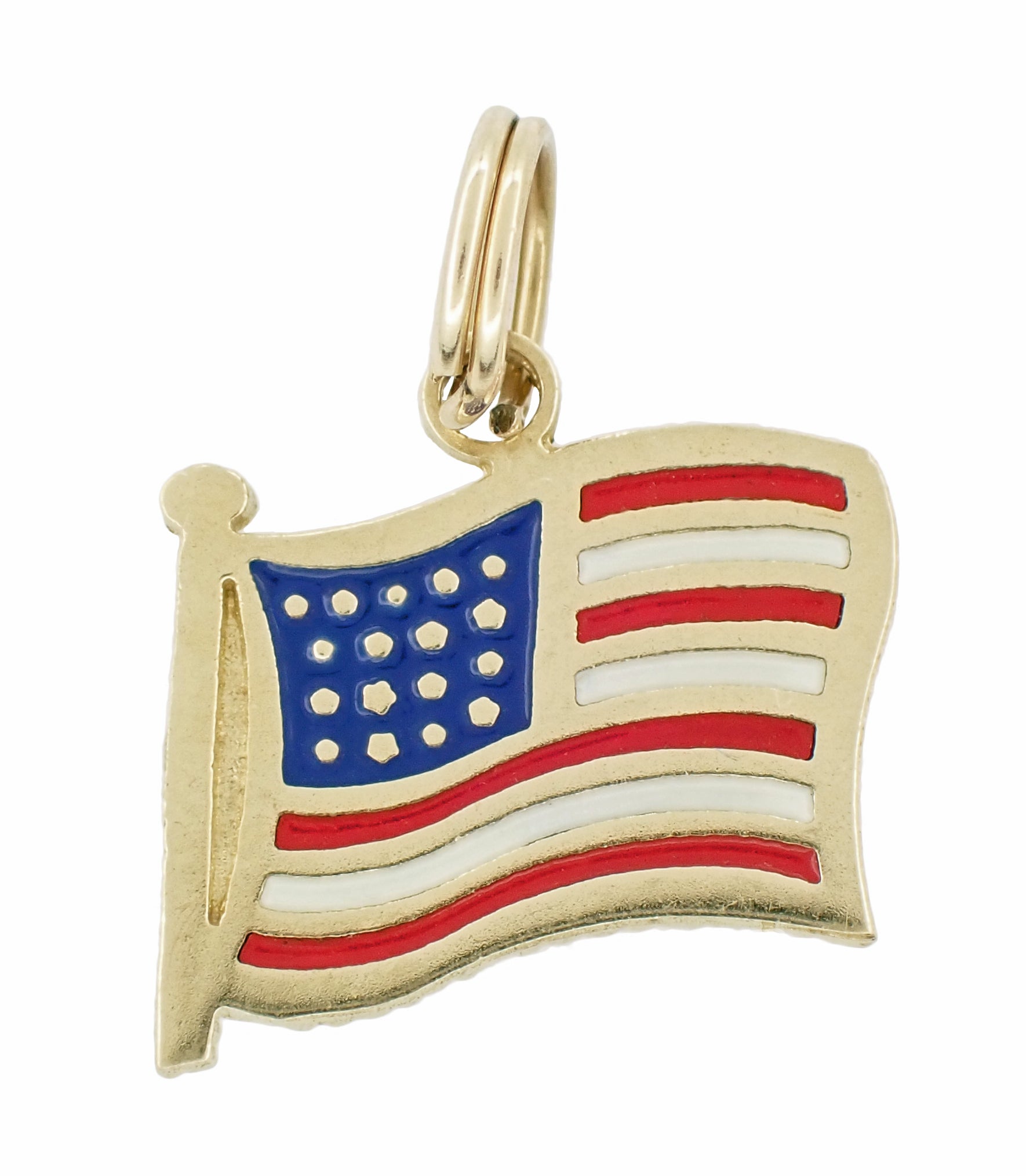 Red White and Blue Enamel Vintage American Flag Charm in 14 Karat Yellow Gold