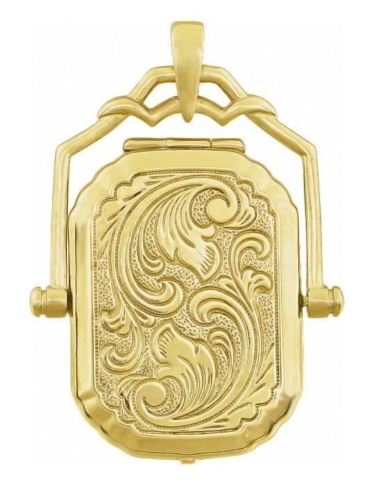 Antique Victorian Large Locket in 14 Karat Yellow Gold With Scroll Engraving - Swiveling Rectangular Locket Pendant - C236