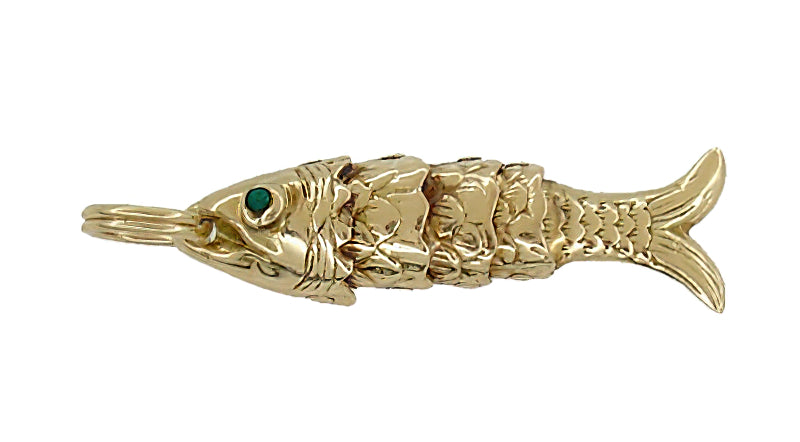 Antique Movable Wriggling Fish Charm in 14 Karat Gold with Emerald Eyes