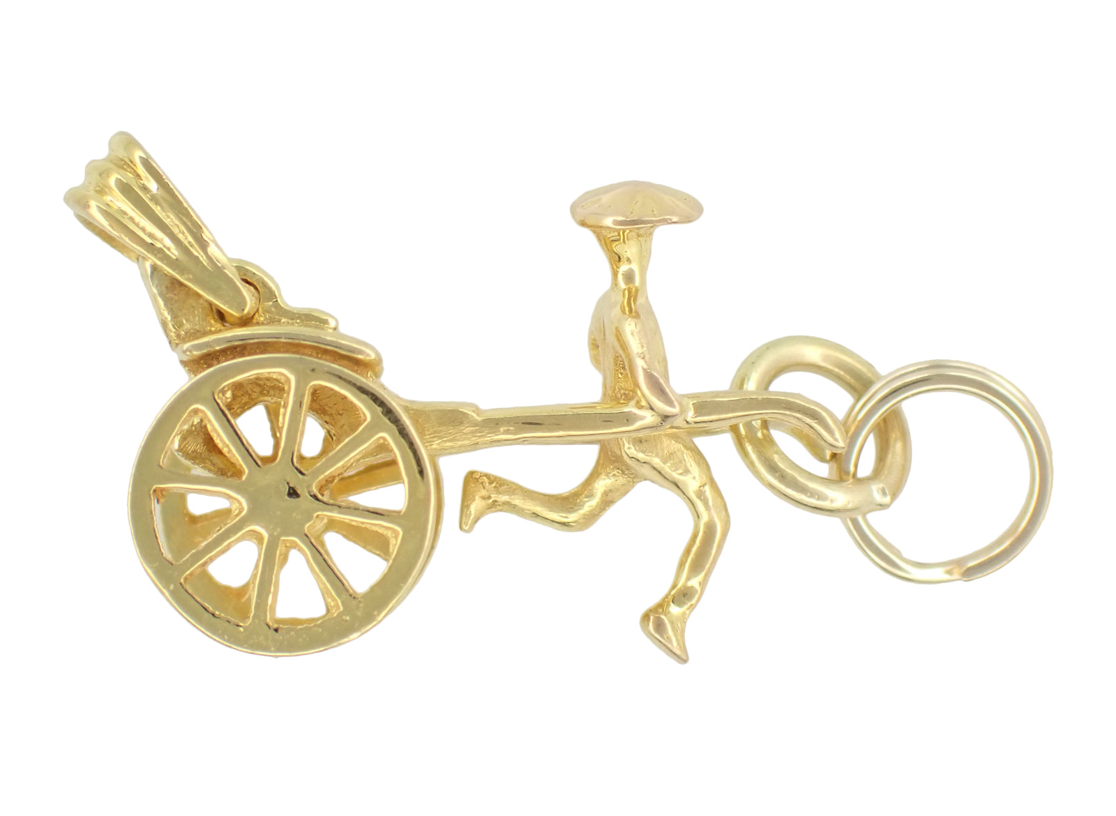 Vintage Rickshaw Charm with Movable Wheels in 14 Karat Yellow Gold