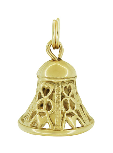 Filigree Hearts Ringing Bell Pendant Movable Charm in 14 Karat Yellow or White Gold