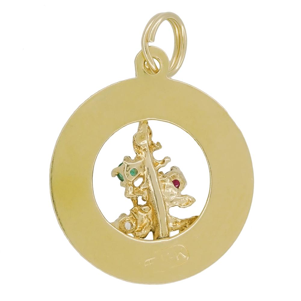 Vintage Merry Christmas Charm Medallion with Gemstone Christmas Tree Ornaments in 14 Karat Gold - Item: C778 - Image: 2