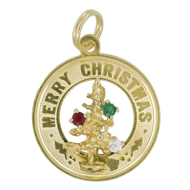 Vintage Merry Christmas Charm Medallion with Gemstone Christmas Tree Ornaments in 14 Karat Gold