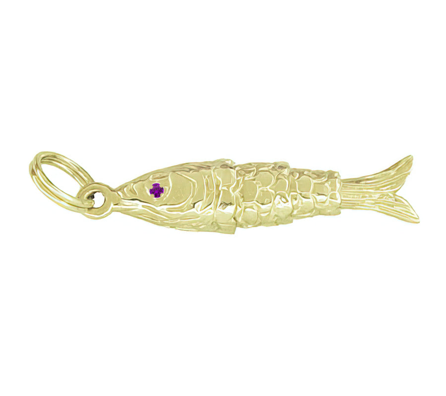 Vintage Movable Wrigging Fish Charm in Yellow Gold - with AMETHYST Eyes - C780-AM