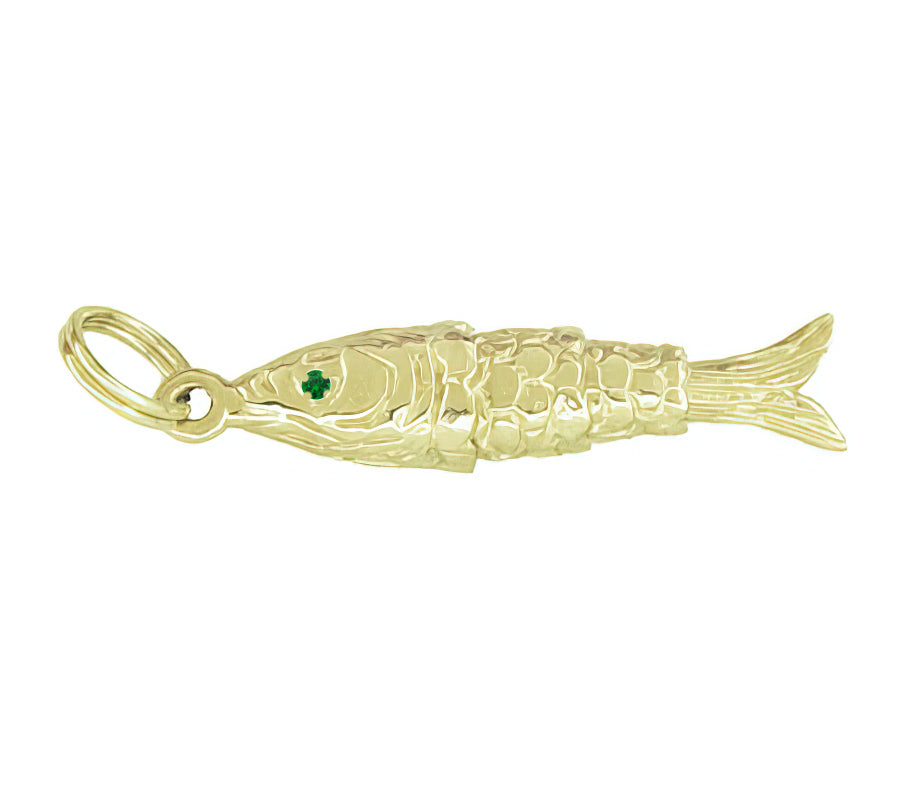 Vintage Movable Wrigging Fish Charm in Yellow Gold - with EMERALD Eyes - C780-EM