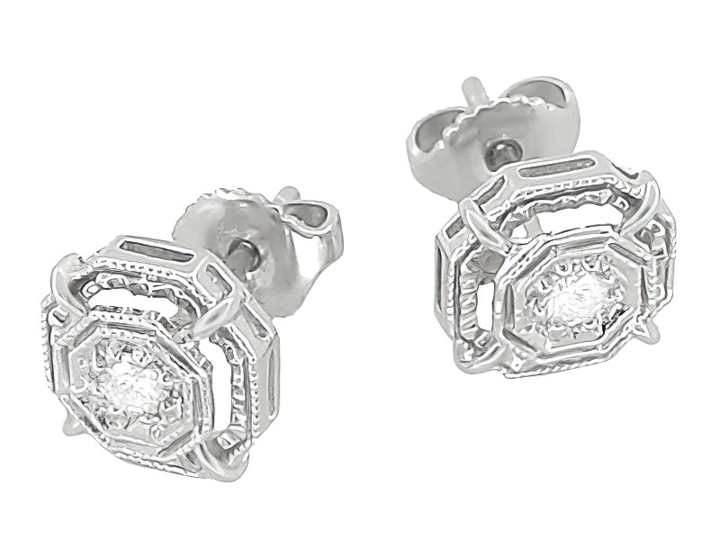 Art Deco Diamond Stud Earrings in Platinum - Item: E153P - Image: 2