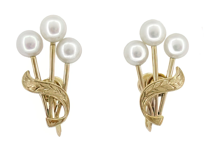 Vintage Mikimoto Pearl Cluster Earrings in 14 Karat Yellow Gold