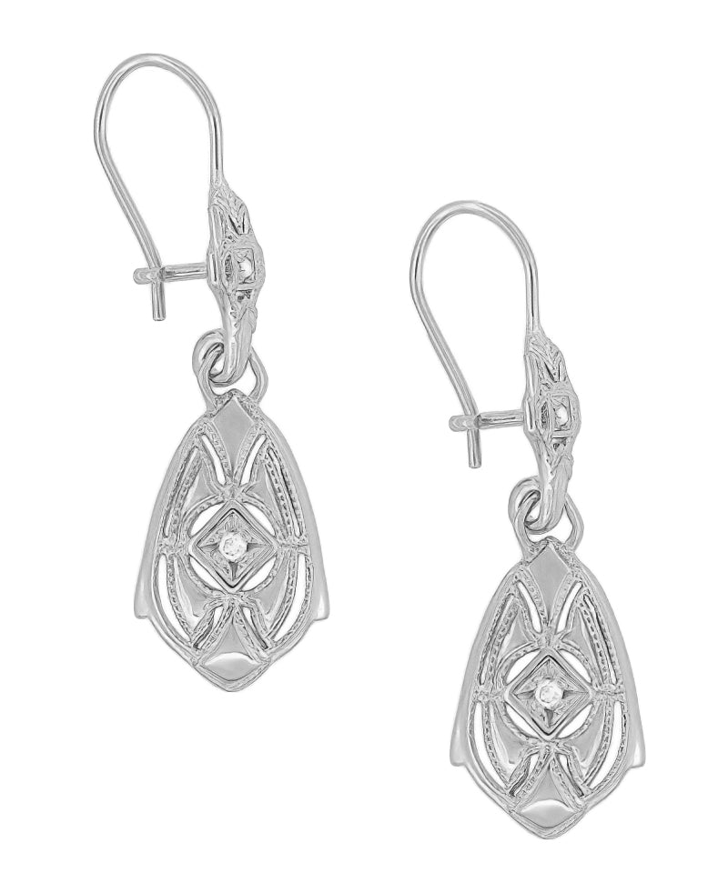 Art Deco Dangling Sterling Silver Diamond Filigree Earrings - Item: E178WD - Image: 2