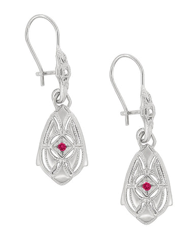 Art Deco Dangling Sterling Silver Ruby and Diamond Filigree Earrings - alternate view