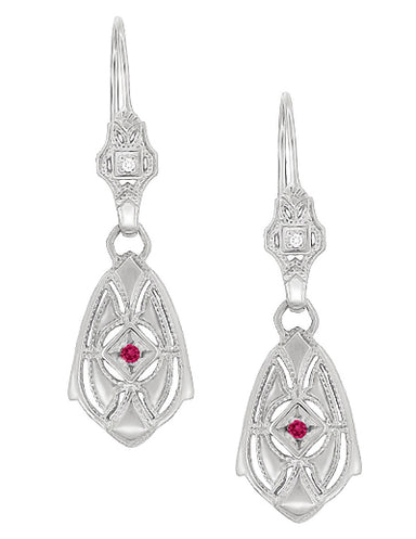 Art Deco Dangling Sterling Silver Diamond & Ruby Vintage Filigree Earrings - R178WR