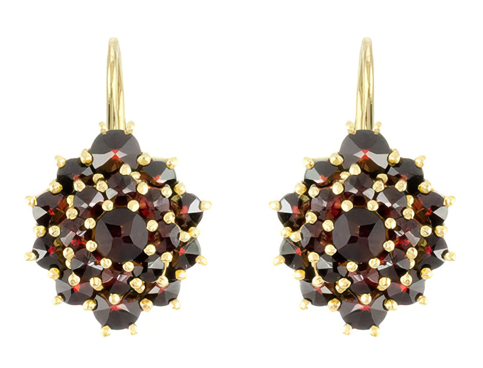 Bohemian Garnet Victorian Leverback Oval Cluster Earrings in 14K Yellow Gold and Sterling Silver Vermeil