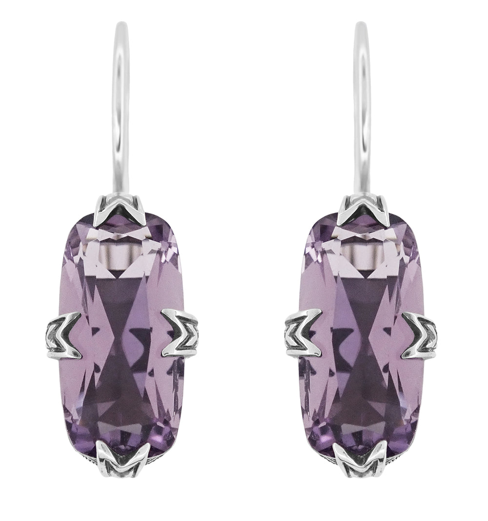 Art Deco Filigree Antique Cushion Cut Lilac Amethyst Earrings in Sterling Silver - E183AM