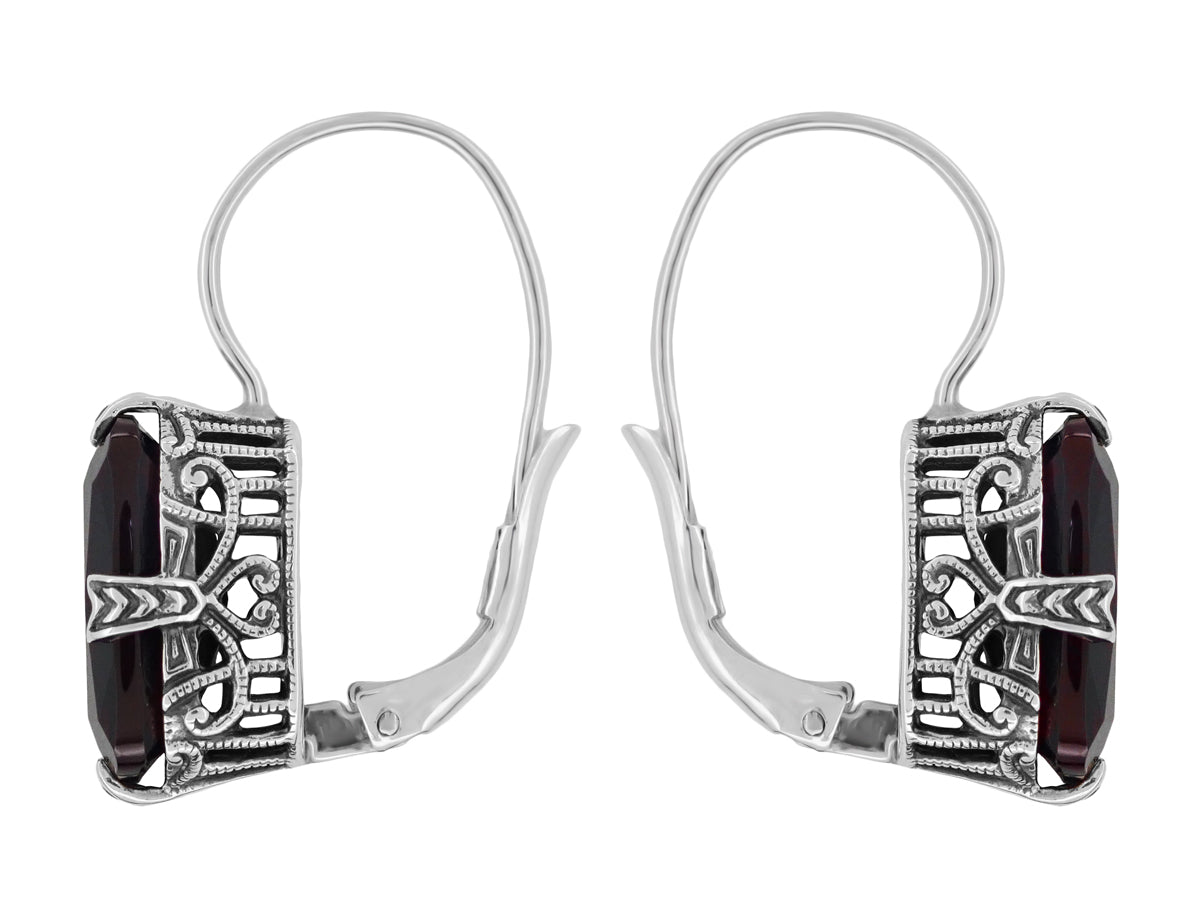Art Deco Filigree Oval Cushion Cut Dark Red Garnet Earrings in Sterling Silver - Item: E183G - Image: 2