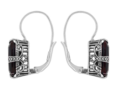 Art Deco Filigree Oval Cushion Cut Dark Red Garnet Earrings in Sterling Silver - alternate view