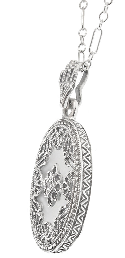 Art Deco Filigree Camphor Crystal and Diamond Oval Pendant Necklace in Sterling Silver - Item: N142 - Image: 2