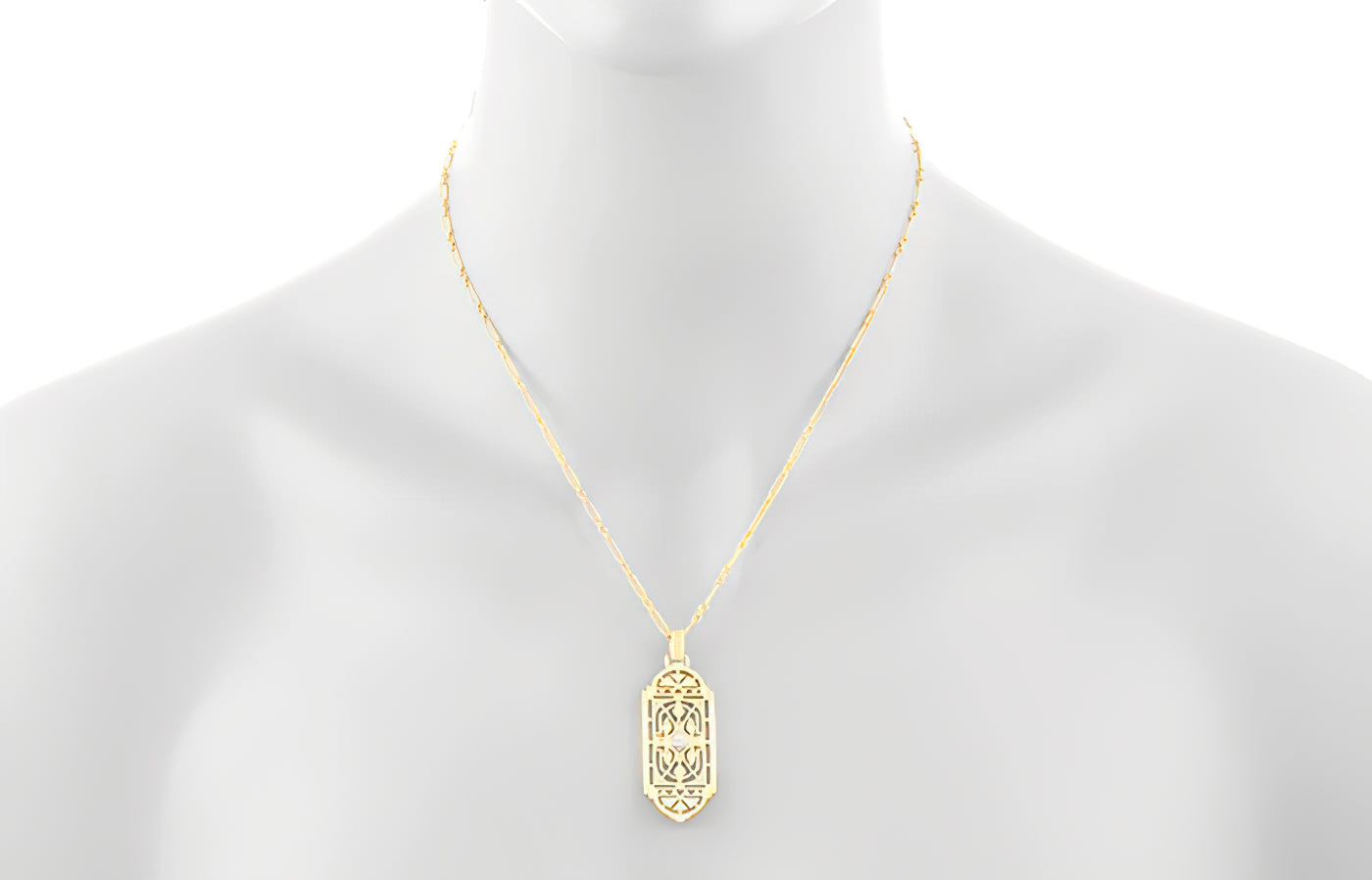 Geometric Art Deco Filigree White Sapphire Necklace Pendant in Yellow Gold Over Solid Sterling Silver - Item: N150YWS - Image: 4