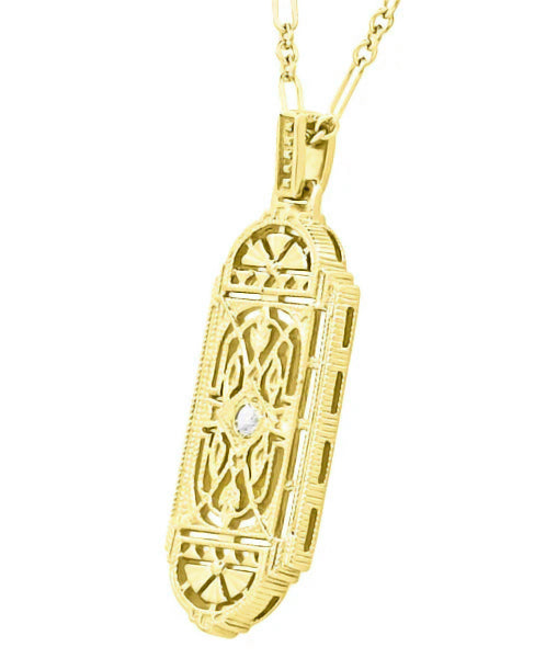 Geometric Art Deco Filigree White Sapphire Necklace Pendant in Yellow Gold Over Solid Sterling Silver - Item: N150YWS - Image: 2