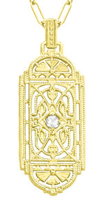 Geometric Art Deco Filigree White Sapphire Necklace Pendant in Yellow Gold Over Solid Sterling Silver