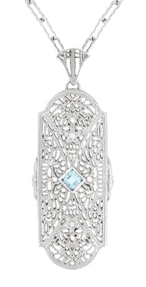 Art Deco Floral Filigree Aquamarine Pendant Necklace in Sterling Silver with Diamonds