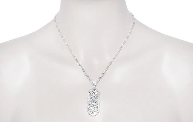Tanzanite Vintage Necklace on Real Model - Filigree Tanzanite Art Deco Necklace in Sterling Silver with Chain - N151TA