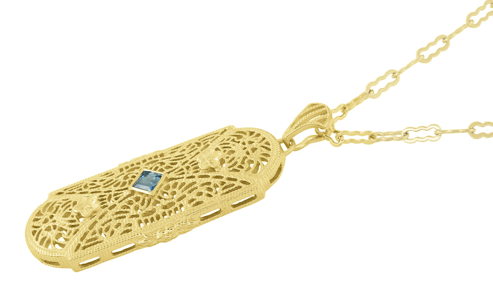 1920's Filigree Art Deco Aquamarine Pendant Necklace in Sterling Silver with Yellow Gold Vermeil - Item: N151YA - Image: 2