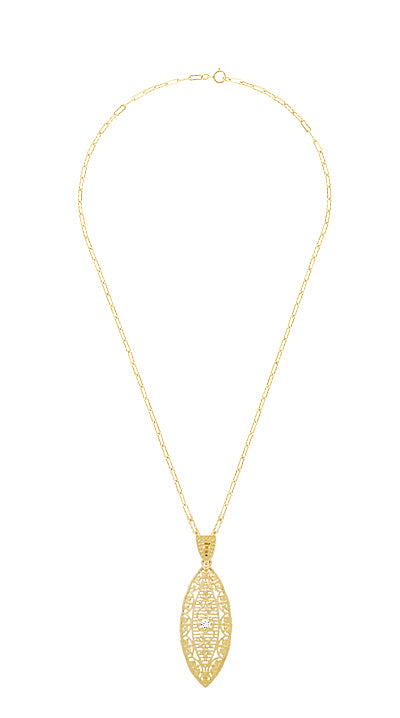 Art Deco Yellow Gold Vermeil Dangling Leaf Diamond Filigree Pendant Necklace - Item: N171YD - Image: 3