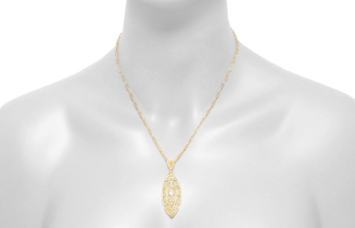 Art Deco Yellow Gold Vermeil Dangling Leaf Diamond Filigree Pendant Necklace - Item: N171YD - Image: 4