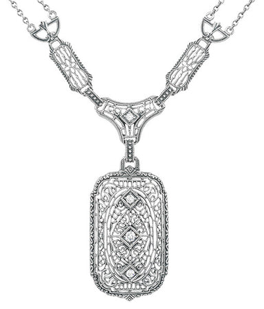 1930's Filigree Art Deco Lavalier Pendant Drop Necklace in Sterling Silver