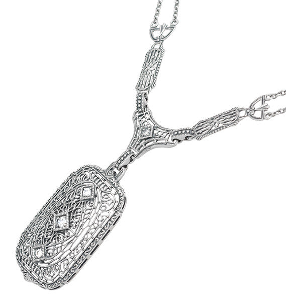 1930's Filigree Art Deco Lavalier Pendant Drop Necklace in Sterling Silver - Item: N188 - Image: 2