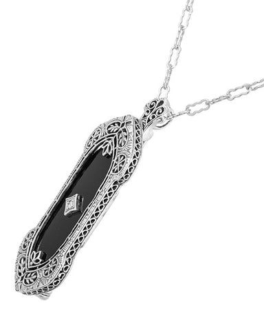 Filigree Onyx and Diamond Edwardian Pendant to Pin Convertible Necklace in Sterling Silver - alternate view