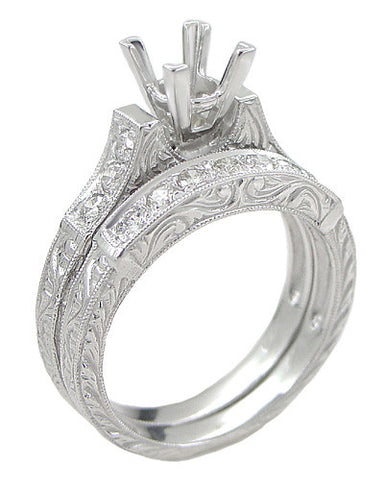 Hand Engraved Platinum Art Deco Scrolls Antique Bridal Set for a 1.50 Carat Square Princess Cut Diamond - High Set Engagement Ring Mounting and Wedding Ring - R953P