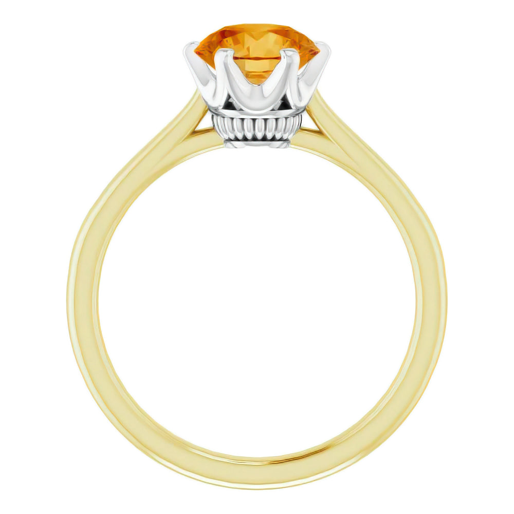 Unique 1950s Vintage Crown Citrine Solitaire Engagement Ring in 14 Karat Yellow & White Gold Mixed Metals - 7mm Round Citrine - R102