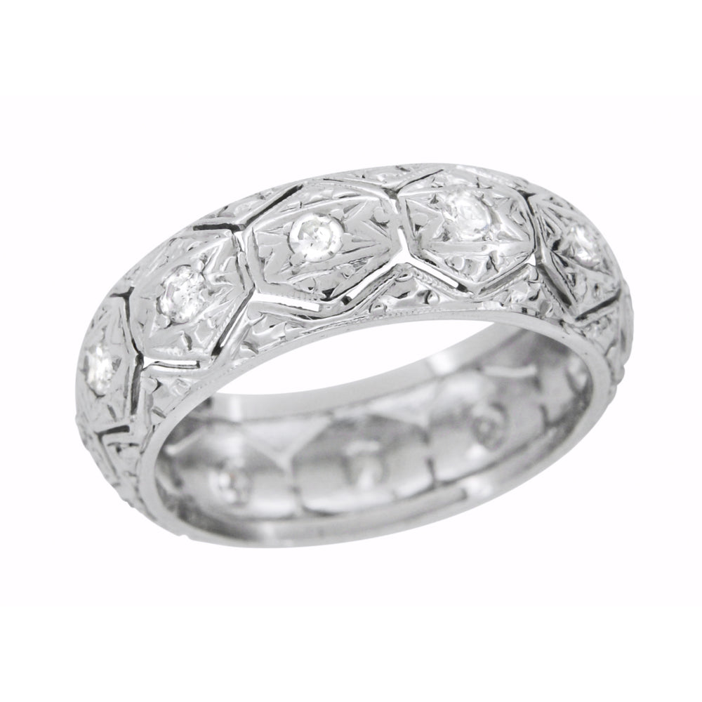 Ardsley Art Deco Honeycomb Filigree Engraved Antique Wide Diamond Wedding Ring in Platinum - Size 6.5