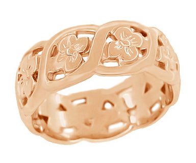 Scrolls and Flowers Mid Century Modern Filigree Wedding Ring in 14K Rose Gold - 1950s Vintage Wide Wedding Band - 7.4mm