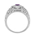 Low Profile Art Deco Heart Shaped Amethyst and Diamond Filigree Engagement Ring in 14 Karat White Gold