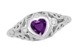 Low Profile Art Deco Heart Shaped Amethyst and Diamond Filigree Engagement Ring in 14 Karat White Gold