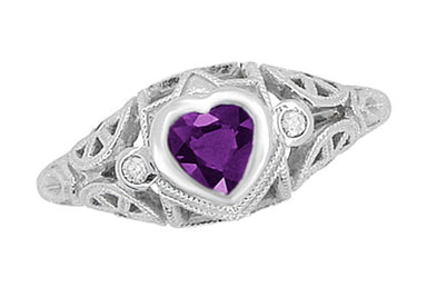 Low Profile Art Deco Heart Shaped Amethyst and Diamond Filigree Engagement Ring in 14 Karat White Gold - alternate view
