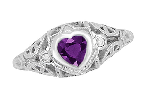Low Profile Art Deco Heart Shaped Amethyst and Diamond Filigree Engagement Ring in 14 Karat White Gold - Item: R1119A - Image: 2