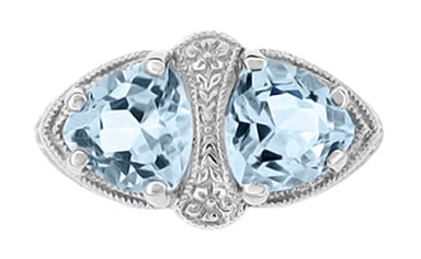 Art Deco Loving Duo Filigree Blue Topaz 2 Stone Ring in 14 Karat White Gold - alternate view