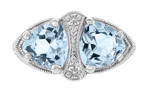 Art Deco Loving Duo Filigree Blue Topaz 2 Stone Ring in 14 Karat White Gold - Item: R1129 - Image: 2