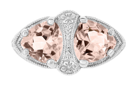 Art Deco Filigree Loving Duo East West Morganite Ring in 14 Karat White Gold - Item: R1129WM - Image: 2